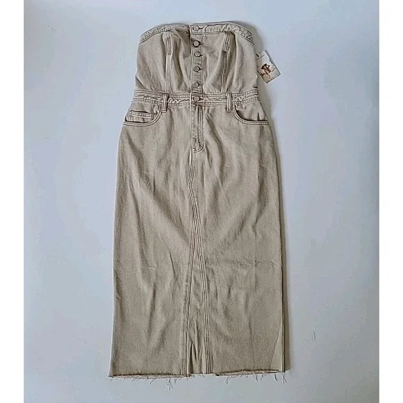 Sincerely Jules Strapless Square Neck Denim Midi Pencil Dress Beige NEW Neutral - Picture 1 of 12